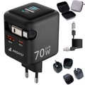 Incarcator de Retea 70W ANSATO™️, Afisaj Digital, Incarcare Rapida Simultana 3x dispozitive, Laptop, Telefon, iPhone, iPad, MacBook, Galaxy, Pixel, Smart Watch, Cablu Retractabl USB-C, Cablu USB 4-in-1, 2x Adaptoare Priza UK/US si Geanta Calatorie Incluse 