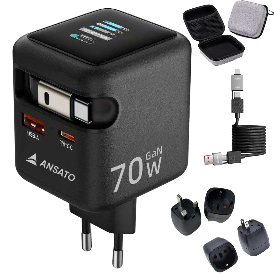 Incarcator de Retea 70W ANSATO™️, Afisaj Digital, Incarcare Rapida Simultana 3x dispozitive, Laptop, Telefon, iPhone, iPad, MacBook, Galaxy, Pixel, Smart Watch, Cablu Retractabl USB-C, Cablu USB 4-in-1, 2x Adaptoare Priza UK/US si Geanta Calatorie Incluse 