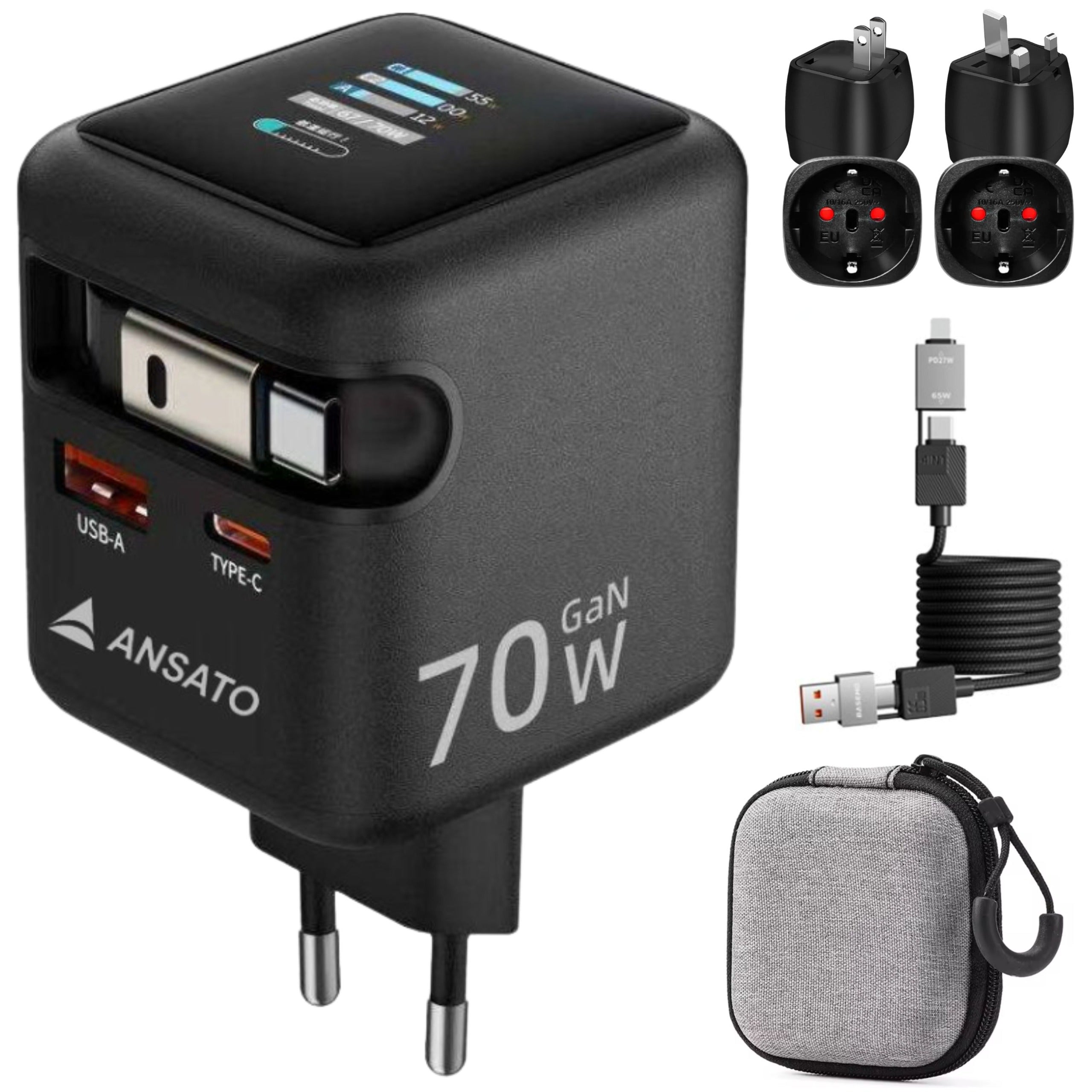 Incarcator de Retea 70W ANSATO™️, Afisaj Digital, Incarcare Rapida Simultana 3x dispozitive, Laptop, Telefon, iPhone, iPad, MacBook, Galaxy, Pixel, Smart Watch, Cablu Retractabl USB-C, Cablu USB 4-in-1, 2x Adaptoare Priza UK/US si Geanta Calatorie Incluse 