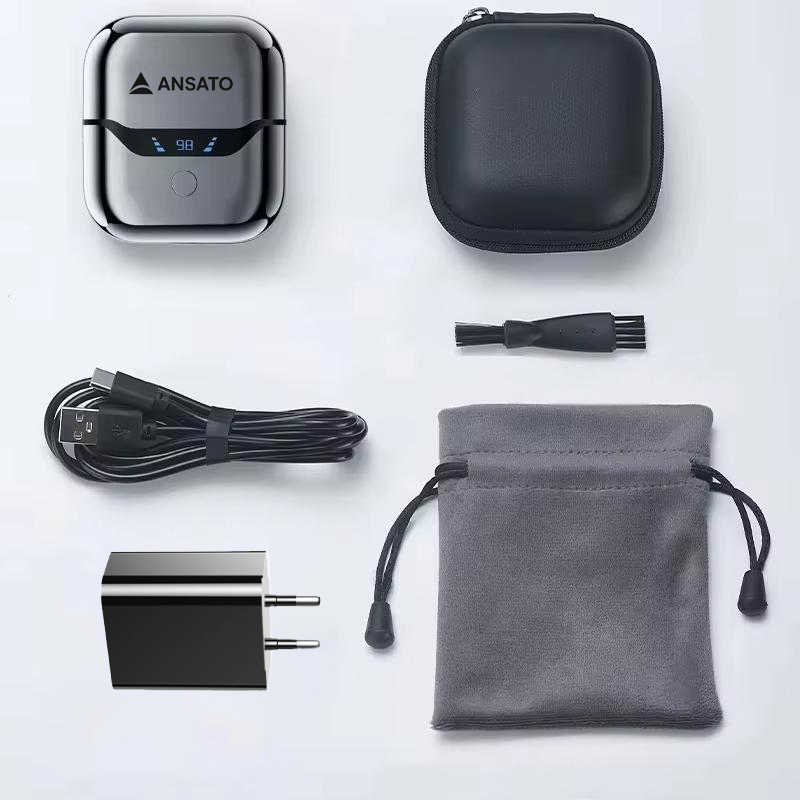 Aparat de Ras Electric ANSATO™️, Ultra Compact, Portabil, Afisaj Digital, Senzor Inteligent de Barba, Cablu USB-C, 3x Capete de Taiere, Perie Curatare, Husa Depozitare, Incarcator si Geanta Transport incluse
