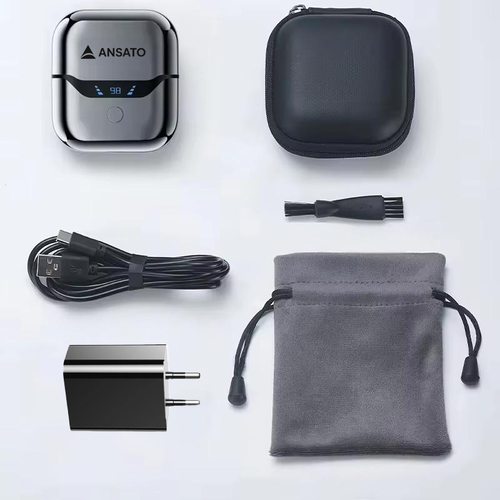 Aparat de Ras Electric ANSATO™️, Ultra Compact, Portabil, Afisaj Digital, Senzor Inteligent de Barba, Cablu USB-C, 3x Capete de Taiere, Perie Curatare, Husa Depozitare, Incarcator si Geanta Transport incluse