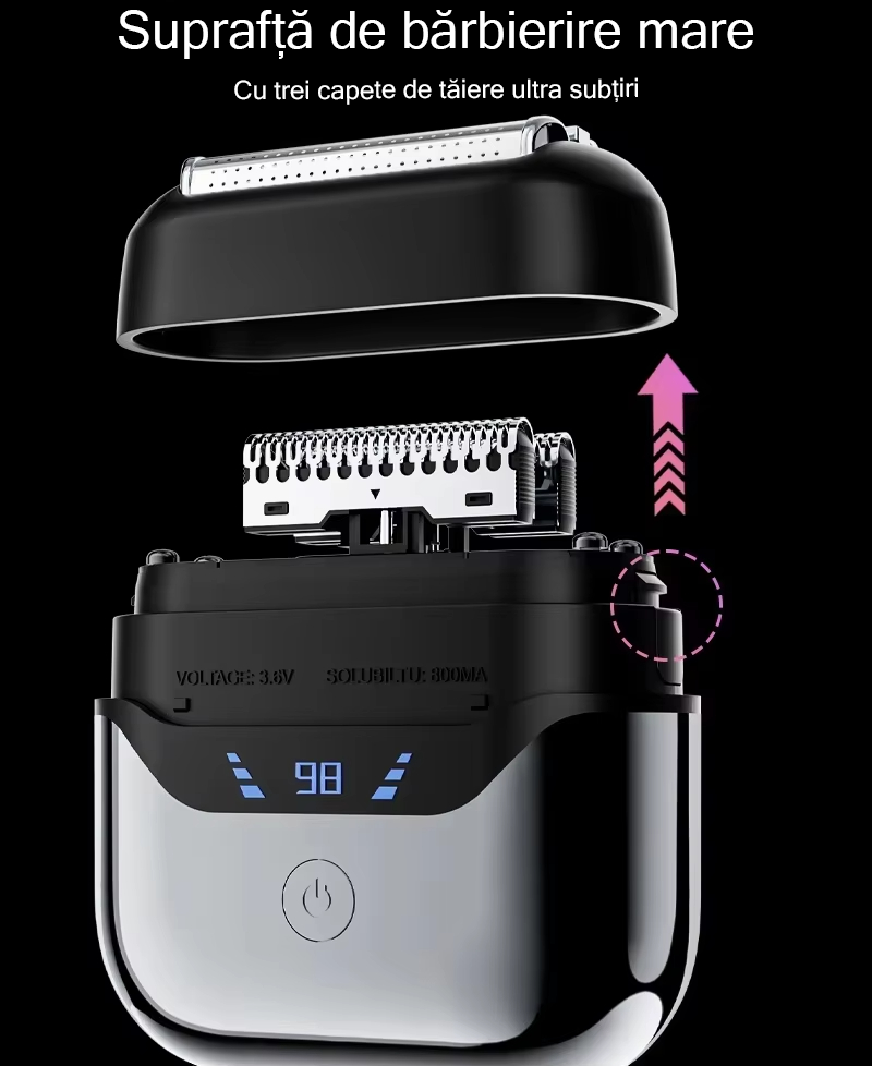 Aparat de Ras Electric ANSATO™️, Ultra Compact, Portabil, Afisaj Digital, Senzor Inteligent de Barba, Cablu USB-C, 3x Capete de Taiere, Perie Curatare, Husa Depozitare, Incarcator si Geanta Transport incluse