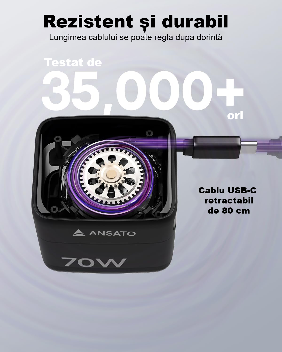 Incarcator de Retea 70W ANSATO™️, Afisaj Digital, Incarcare Rapida Simultana 3x dispozitive, Laptop, Telefon, iPhone, iPad, MacBook, Galaxy, Pixel, Smart Watch, Cablu Retractabl USB-C, Cablu USB 4-in-1, 2x Adaptoare Priza UK/US si Geanta Calatorie Incluse 